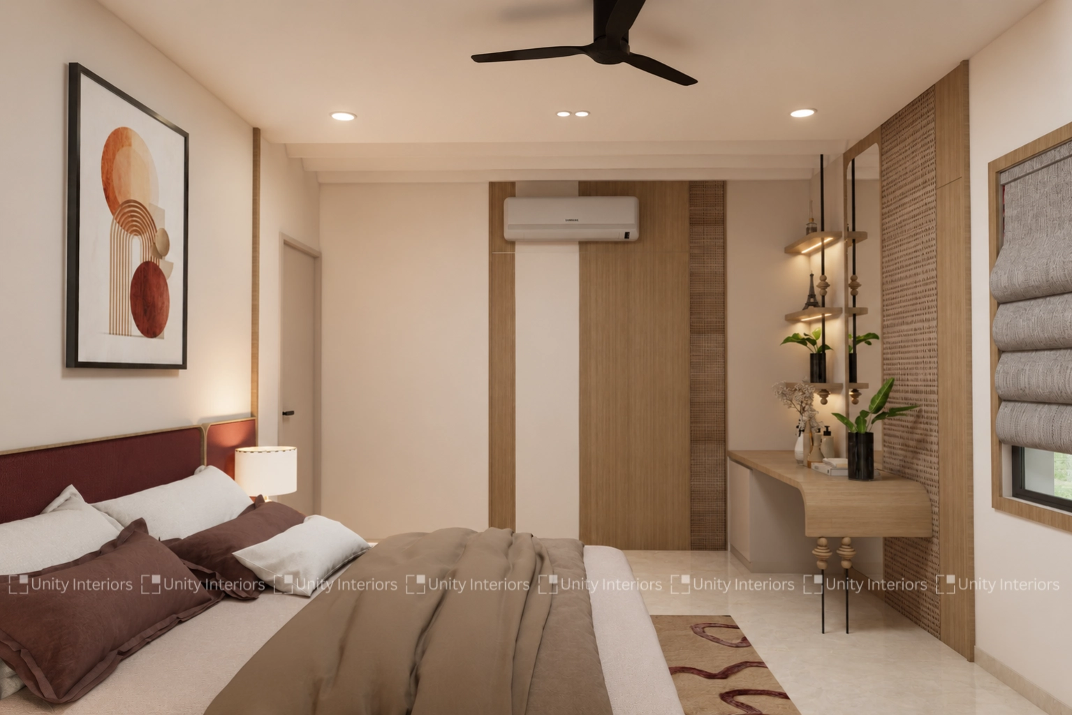 Bedroom interior with cane-textured dressing unit and accent headboard by Unity Interiors Ahmedabad